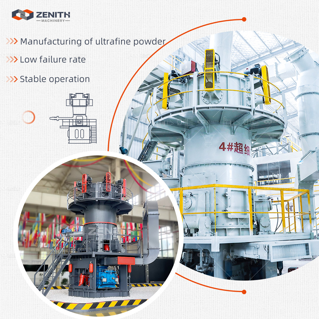 Close-up of a Zenith LUM Ultrafine Vertical Grinding Mill installation in an industrial setting, showing its compact vertical design.